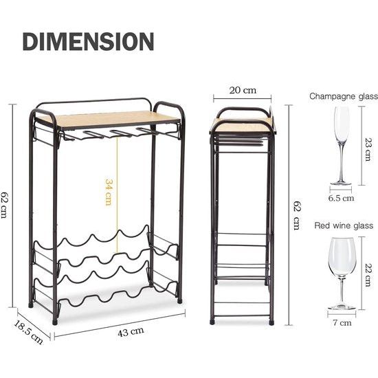 Wijnrek voor 8 flessen Metalen wijnrek met glazen houder en wijnhouder en tafelblad, 4-laags wijnopslagorganisator, vrijstaande wijnhouder voor keuken, wijnkelder, bar