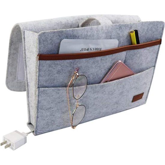 vilten bedcaddy organizer om op te hangen, nachtkastje, tas, bankbed, dik vilt met kabelsgaten, antislip, voor boek, tijdschriften, iPad, mobiele telefoon, afstandsbediening (grijs)