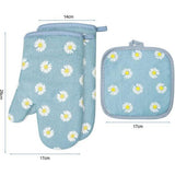 1 paar ovenwanten en 2 pannenlappen, katoenen antislip ovenhandschoenen, wasbare ovenhandschoenen, hittebestendig [tot 180 °C/356 °F], kookhandschoenen voor koken, bakken, grillen, blauwe