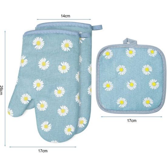 1 paar ovenwanten en 2 pannenlappen, katoenen antislip ovenhandschoenen, wasbare ovenhandschoenen, hittebestendig [tot 180 °C/356 °F], kookhandschoenen voor koken, bakken, grillen, blauwe