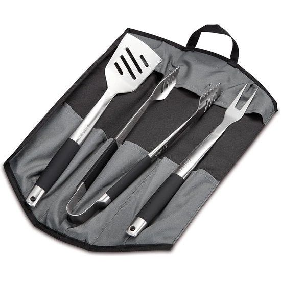 grillbestek, roestvrij staal, 3-delige set, inclusief 8786 grilltang, grillspatel, grillvork, opvouwbare tas, grillaccessoires, gasgrill BBQ, zwart