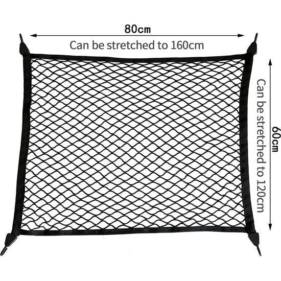Kofferbaknet, bagagenet voor de auto, 80 x 60 cm, strekt zich uit tot 160 x 120 cm, universeel auto-net met 4 massieve haken, nylon super elastisch kofferbaknet, bagagenet