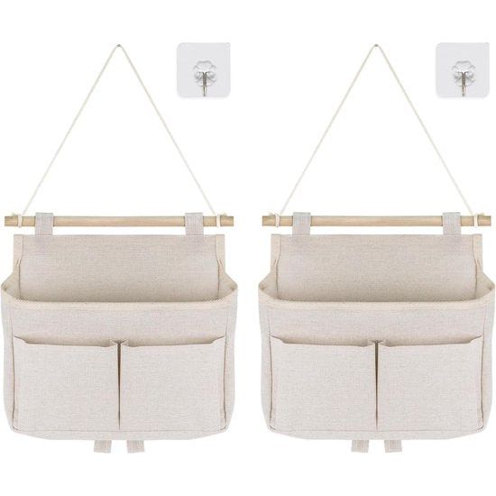 2 stuks hangende opbergtassen, hoge capaciteit, eenvoudig in elkaar te zetten, 3 vakken met kleefhaken, hangorganizer, voor aan de badkamerdeur, hangtas, hangende opslag voor thuis, kantoor, camper (beige)