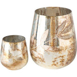 Glazen windlichten Lofej - 2-delige set (hoogte 8 cm/15 cm, binnendiameter 5,5 cm/9,3 cm), handgelakt glas met bloemendesign en kopergouden glans, decoratie voor tafel en vensterbank