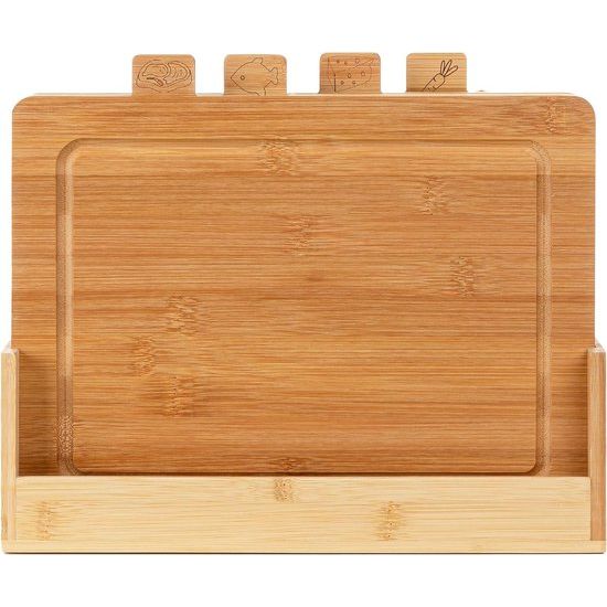 Set of 4 Bamboo Chopping Boards with Stand CHEF I Natural Bamboo Cutting Blocks with Juice Grooves I Antibacterial I Universal Chopping Boards Suitable for Cheese, Meat, Fruit, Vegetables