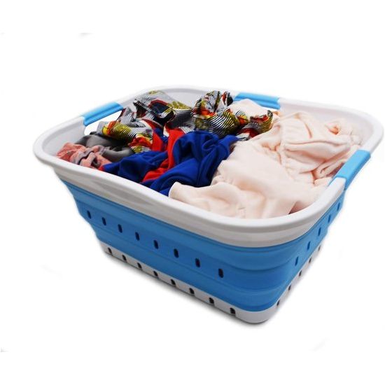 42L opvouwbare plastic wasmand - opvouwbare pop-up opslagcontainer/organizer - draagbare waskuip - ruimtebesparende mand/mand (wit/marineblauw, 1)