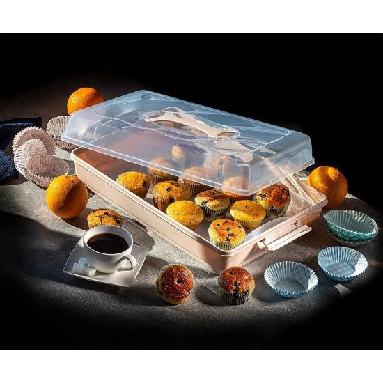 KADAX - Taarten- en gebakdoos met deksel, 44 x 30 x 12,5 cm - taarthouder van kunststof, transportbox met handvat, bakvorm, voor blikken cake, muffins, rechthoekig, voedselbox - Roze