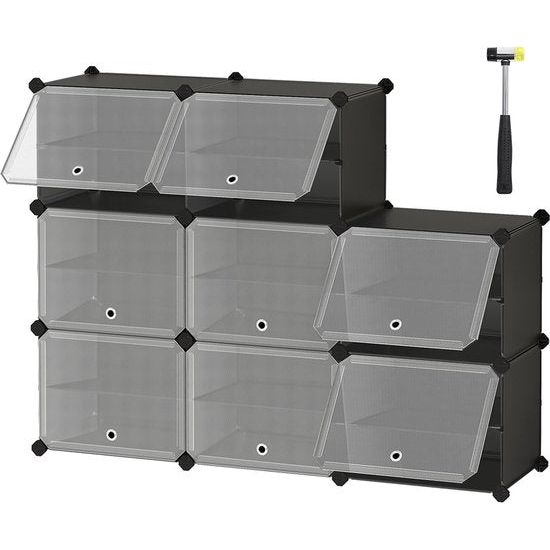 Schuhopberg met 8 vakken, Schoenenkast, 30 x 40 x 30 cm per vak, smal, met deuren, Stalen frame, Kunststof, voor Hal, Slaapkamer, Entree, zwart LPC034B01
