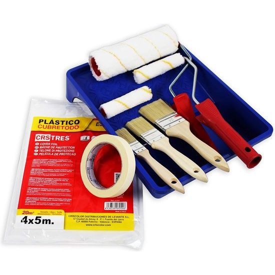 SET anti-druip verfroller + SET platte kwast + 20m2 afplakfolie + grote verfbak + afplaktape.