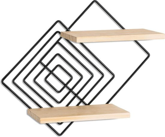 Wandrek, zwart, metaal, set van 2, moderne wandplanken, wanddecoratie, woonkamer, hout, zwevend rek