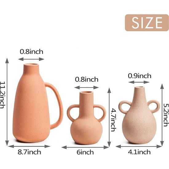 Terracotta vaas voor woonkamer, set van 3 vazen, matte vazen, decoratieve rustieke bloemenvaas met handgrepen, tafelvaas voor schoorsteenmantel, woonkamer, cadeau, 28,5/13/12 cm