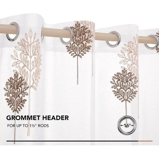 Gordijnen vitrage linnenlook transparant decoratieve sjaal gordijnen met bladeren met oogjes, 175 x 140 cm (hoogte x breedte), linnen + bruin, set van 2