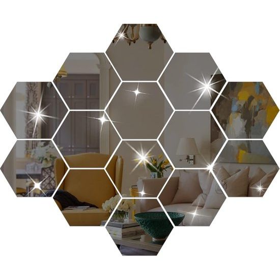 Wandstickers, acryl spiegelstickers set, 12 stuks 10cm 3D zeshoekige spiegel muurstickers voor woonkamer slaapkamer decoratie (zwart)