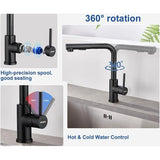 Keukenkraan met sproeier, uittrekbaar, hogedruk waterkraan, keuken, zwart, 360° rotatie, spoelbakarmatuur met douche, twee waterstraalsoorten, keukenkraan van roestvrij staal 304, mengkraan