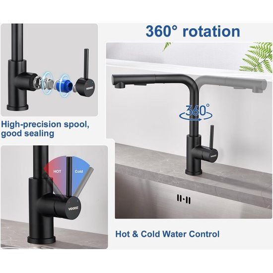 Keukenkraan met sproeier, uittrekbaar, hogedruk waterkraan, keuken, zwart, 360° rotatie, spoelbakarmatuur met douche, twee waterstraalsoorten, keukenkraan van roestvrij staal 304, mengkraan