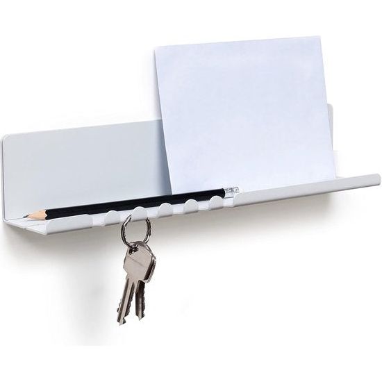 Wandplank 30 x 6 x 6 cm met 5 haken en kabelhouders, gemaakt van gepoedercoat plaatstaal. Inclusief sleutelrek-organizer en letters voor entree, keuken, kantoor. Kleur: wit.