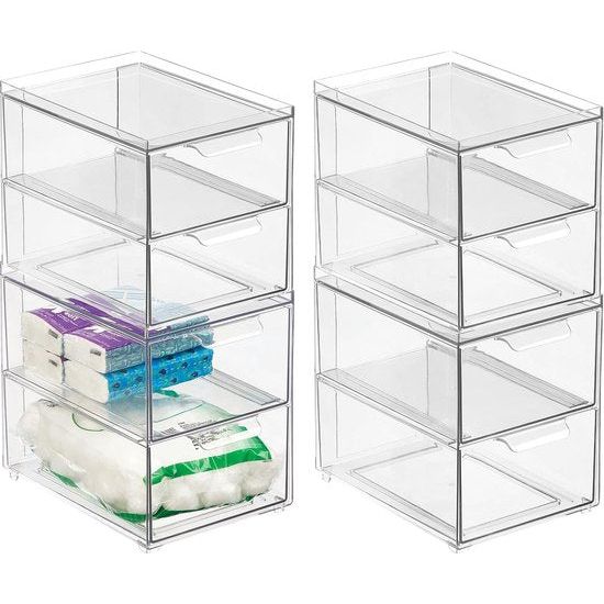 Cosmetische Organizer - Stapelbare Plastic Ladebox met 2 Laden - Praktische Box voor het opbergen van Badkamerartikelen - Set van 4 - Doorzichtig