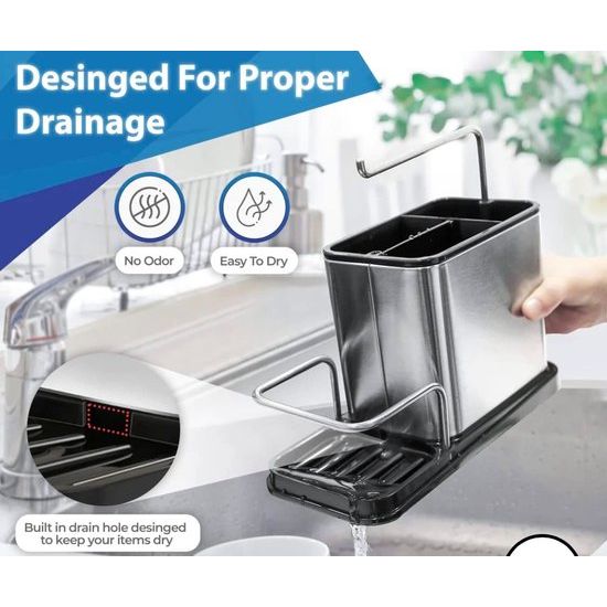 Spoelbak-organizer, roestvrij staal, met sponshouder, spoelbak - opslag spoelaccessoires met sponshouder keuken - afwasorganizer veilig en vaatwasmachinebestendig - gootsteen caddy