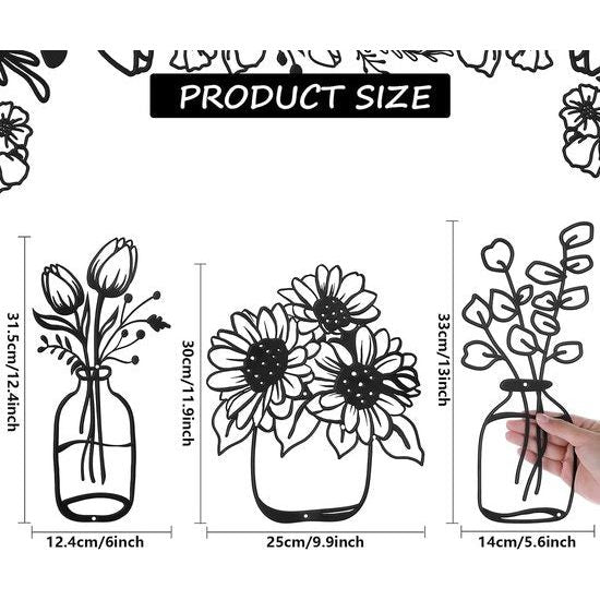 Set van 3 metalen bloemen wanddecoratie minimalistische vaas muurkunst zwarte tulp draadijzer decor bloemen wandsculptuur voor keuken badkamer woonkamer (5,6/6/9,9 inch)