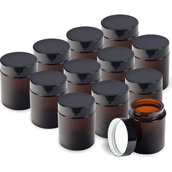 Getinte cosmetische glazen potten, (12 stuks) glazen potten met schroefdeksel en witte voering, bruikbaar als zalfpotje, zalfpotje, zalfpotje of cosmetische pot voor etherische oliën - 4oz / 120ml