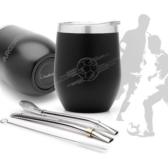 Modern Yerba Mate Gourd Set (Mate Cup) - Voetbal WK 2022 speciale editie - dubbelwandig 18/8 roestvrij staal bevat twee pompons en een reinigingsborstel (235 ml, zwart)