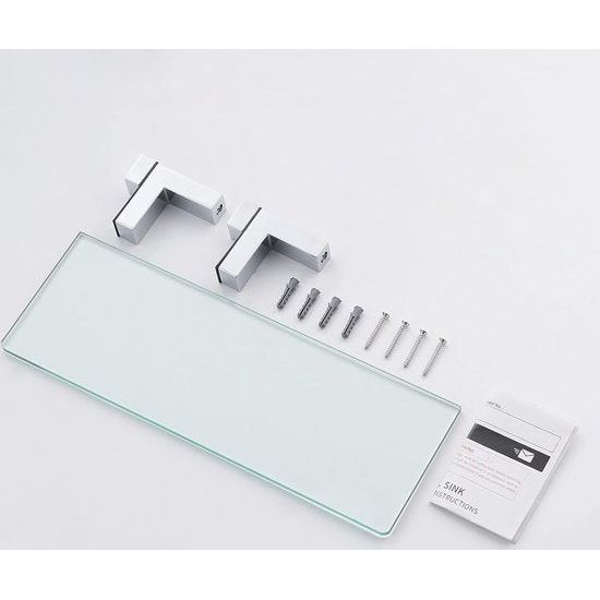 Doucheplank, glasplank, badkamer, doucheplank, 8 mm, hardglas, badkamer, wandrek, rek, douche, glazen plank met plankdrager, 35 cm, hangende wandmontage, gepolijst chroom