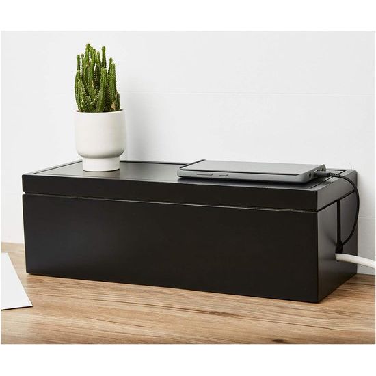 Houten kabelbeheerdoos Verlengsnoer Stekkerdoos Overspanningsbeveiliging Kabelbeheer Concealer Organizer Cover voor Bureau Thuiskantoor Keuken (zwart)