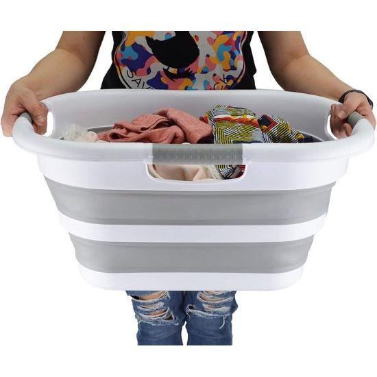 30 liter opvouwbare wasmand van Kunststof, opvouwbare pop-up opbergcontainer/organizer, draagbare wasmand, ruimtebespare wasmand (wit/grijs