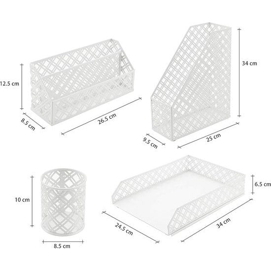 bureau-organizer 4-delige kantoorset/tafelbladplank metalen rooster Inclusief: A4 brievenbakje x 1, A4 krantenrek x 1, brievenhouder x1, pennenhouder x 1 - wit