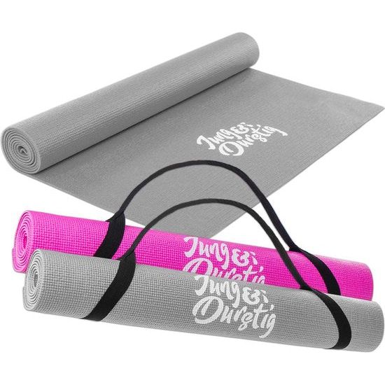 2-in-1 yogamat, bekleed en antislip, gymnastiekmat met yogastrap, fitnessmat inclusief e-book workout, sportmat, afmetingen 173 x 61 cm, grijs