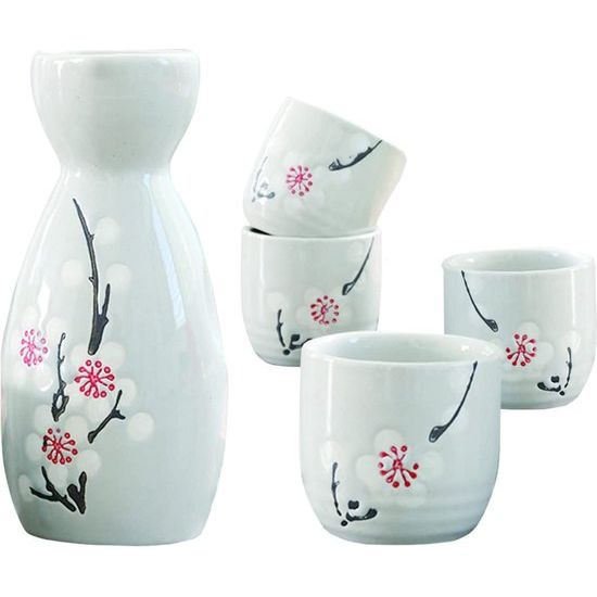 Sake Set, 5-delig, handbeschilderd, Japanse kersenbloesem, sake beker, warme wijnpot, traditionele lekkopjes, wijnglazen, knutselen, cadeau, wit