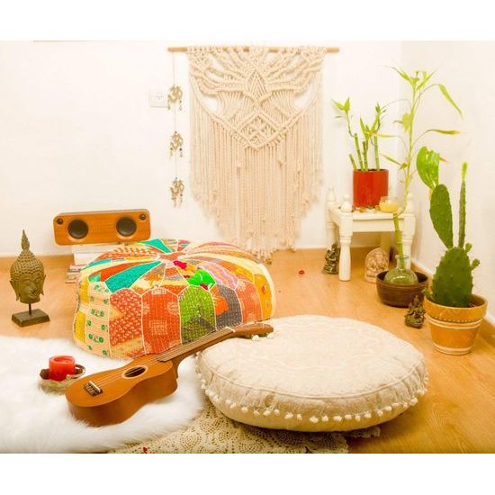 Bohemian Kruk Ottomaanse Hoes -60x20 cm - Luxe Kruk met Handgemaakte Kamerdecoratie voor Meditatie, Yoga en Boho Chic Zithoek Kruk