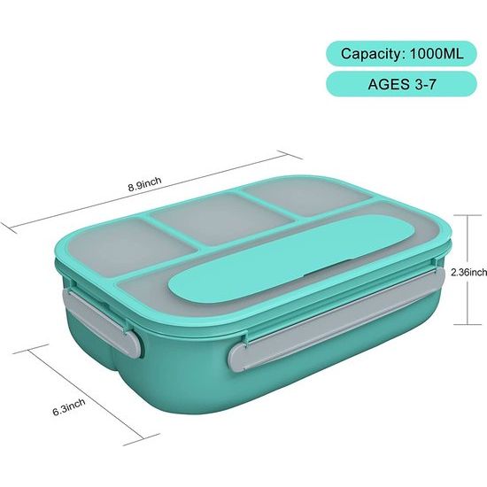 Broodtrommel voor kinderen met 4 zakken en bestk, 1300 ml, broodtrommel voor grote bakjes, bento box, voor magnetron en water, BPA-vrij (groen)