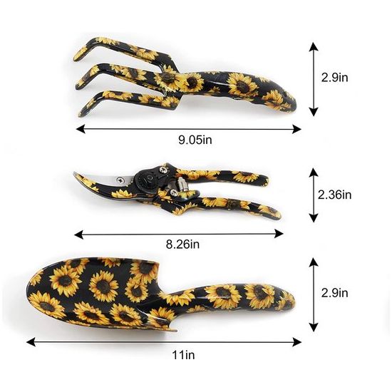 Tuingereedschapsset, zonebloemprint, 3-part, depressief Tuingereedschapsset van gegoten aluminium, inclusief troffel, takkenschaar, cultivator - Tuingift-handgereedschapset voor vrouwen