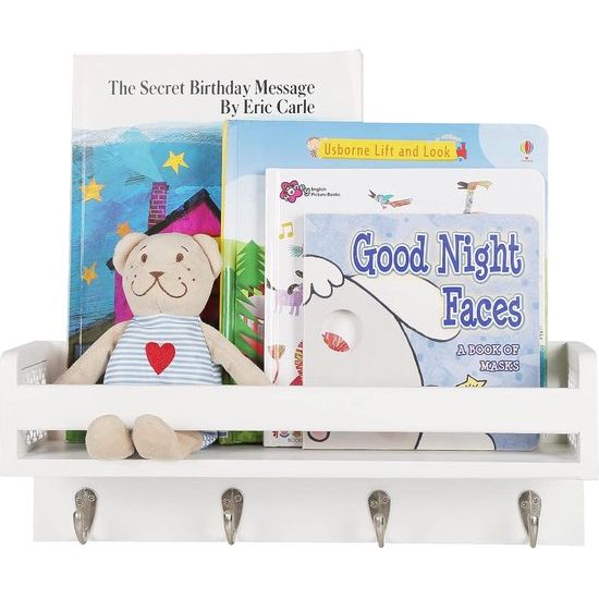 Houten wandrek voor organizer, keuken, kruidenrek, wandrek met 4 haken voor sleutelplank, opbergruimte, badkamer, boekenkast van hout voor slaapkamer, wanddecoratie, kantoor en huishouden. (wit)