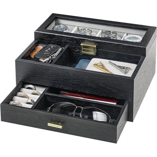 Horlogedoos voor heren, 4 horloges met glazen venster, horlogeopbergdoos, horlogekoffer met lade, cadeau voor mannen,echtgenoot, vriend, Zwart