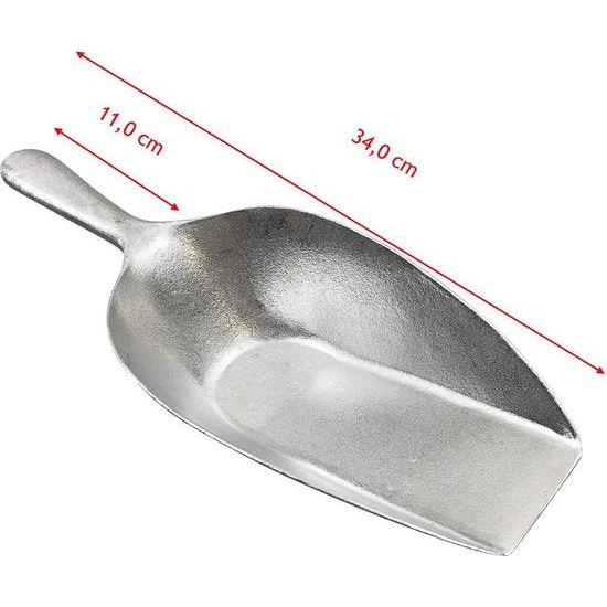 Extra grote meelschep, zakschep, voederschep, zak voer, meel, suiker, schep, giet van metaal en aluminium, niet roestend, 35 cm afweegschep bij 750 ml diervoer, granen