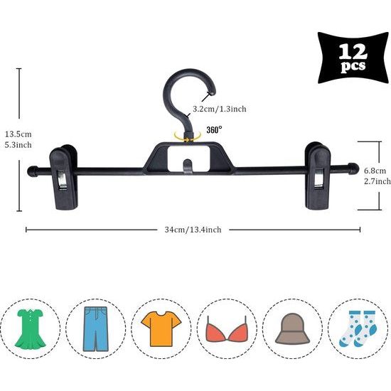 Broekhanger, kleerhanger met haken, ruimtebesparend, antislip rokhanger van kunststof, voor broeken, sokken, rokken (12 stuks)