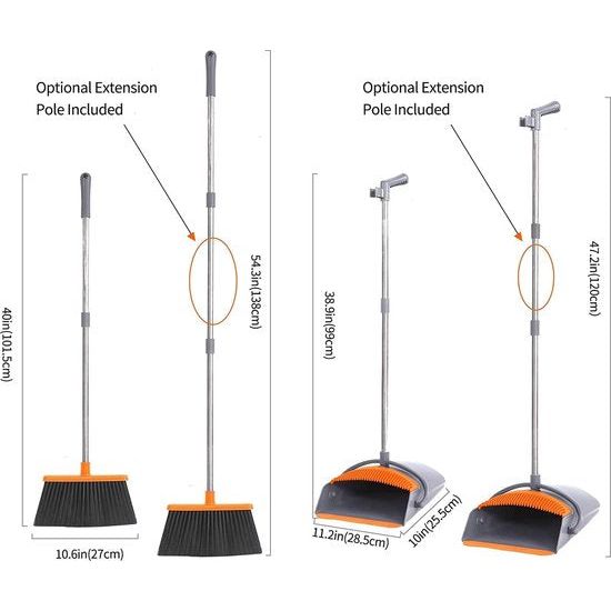 Bezem en veegschep set, veegmachine en veegschep, combo met 137 cm lange handgreep voor afneembare en inklapbare bezem voor vloerreiniging in keuken, huishouden (oranje)