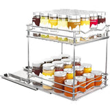 Kruidenrek, organizer, uittrekbare keukenkast, met kastrek, opbergrek 2 etages, voor keuken, flessen, olie, ingrediënten, glazen, koken (zilver, 28 x 23 x 26 cm)