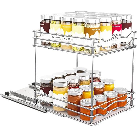 Kruidenrek, organizer, uittrekbare keukenkast, met kastrek, opbergrek 2 etages, voor keuken, flessen, olie, ingrediënten, glazen, koken (zilver, 28 x 23 x 26 cm)