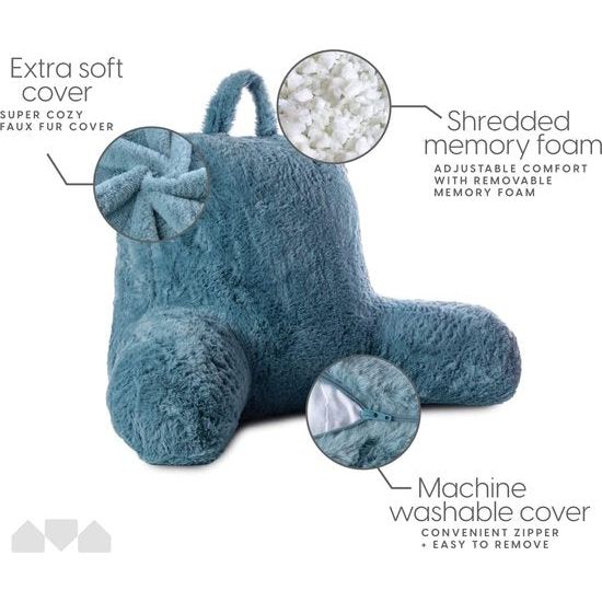 leeskussen met versnipperd traagschuim, rugsteunkussen met hoes van imitatiebont - ideaal wigkussen voor lezen, werken en spelen op bed, bank of bank (blauw, 45 x 38 cm)