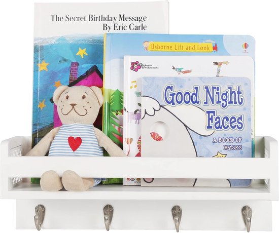 Houten wandrek voor organizer, keuken, kruidenrek, wandrek met 4 haken voor sleutelplank, opbergruimte, badkamer, boekenkast van hout voor slaapkamer, wanddecoratie, kantoor en huishouden. (wit)