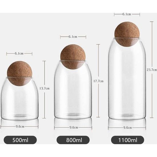 3 stuks glazen voedselvoorraadpotten, luchtdicht glazen potje, glas voor snoep, met kurkogel, voorraadpot voor specerijen, suiker, koffie, koekjes, 500 ml/800 ml/1200 ml