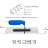 Gladde troffel 8x8 mm - roestvrij staal getande stijltroffel 270 x 130 mm - tandtroffel met zachte greep - roestvrije stijltroffel met tanding 8 mm - dappel