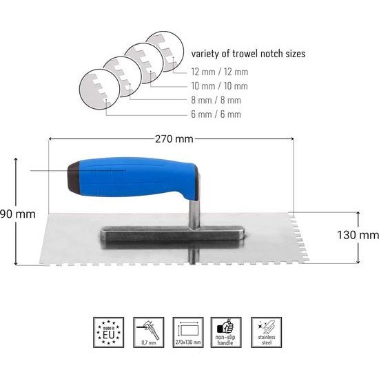 Gladde troffel 8x8 mm - roestvrij staal getande stijltroffel 270 x 130 mm - tandtroffel met zachte greep - roestvrije stijltroffel met tanding 8 mm - dappel