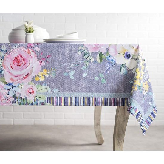 Tafelkleden 100% katoen, 140 cm x 180 cm, decoratief vierkant tafelkleed, wasbaar tafelkleed voor moederdaggeschenken, Sweet Rose Lavender - Lush Lavender Roses-lente/zomer