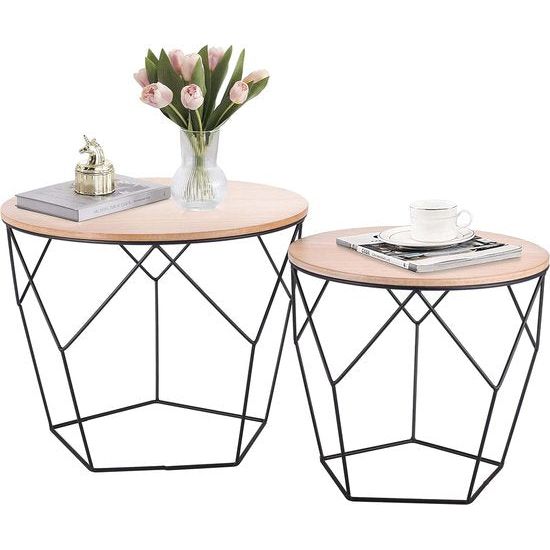 Set van 2 bijzettafels, houten plaat op stevig metalen frame - salontafel met mandfunctie, woonkamertafel, rieten tafel, metalen tafels - ideaal voor woonkamer, slaapkamer, kantoor - Lichtbruin hout/zwart - Pentagon