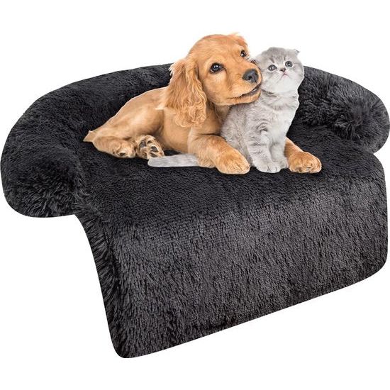 Sofa Protector Hondenbed Honden, Wasbare Bankbescherming Hondendek, Waterdichte en Antislip Hondenbank met Rits, Hondenbed voor Bank, Pluizig, Cadeau voor Honden Katten (S, Zwart)