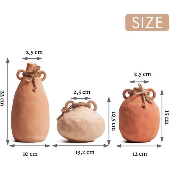 Terracotta vaas met handgrepen voor herfstdecoratie, set van 3 decoratieve vazen ​​in boho-stijl, rustieke bloemenvaas voor schoorsteenmantel, tafel, woonkamer, 20,3/10,2/7,6 cm hoog